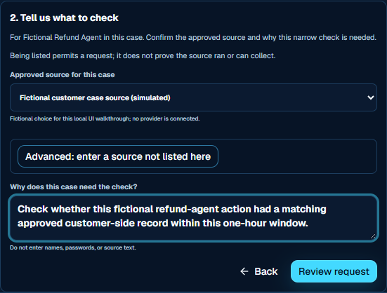 Fictional local candidate, screen 2: the requester has entered a case-specific purpose before reviewing the request.