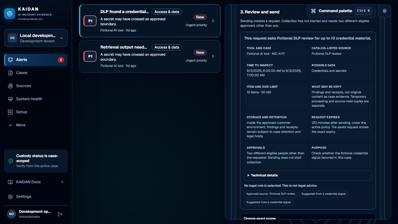 Seeded fictional browser-test candidate, screen 3: review shows the case, named source, time and item limits, retention, purpose, expiry, and two-reviewer requirement before submission.