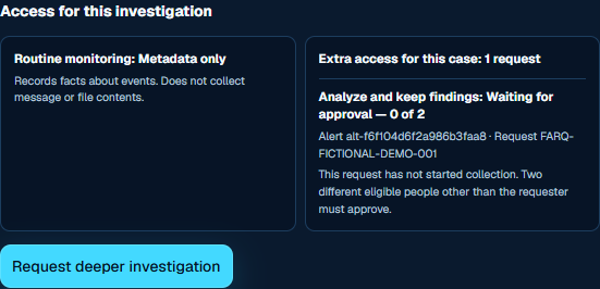 Fictional browser simulation: the saved case request is waiting for approval at zero of two, and collection has not started.